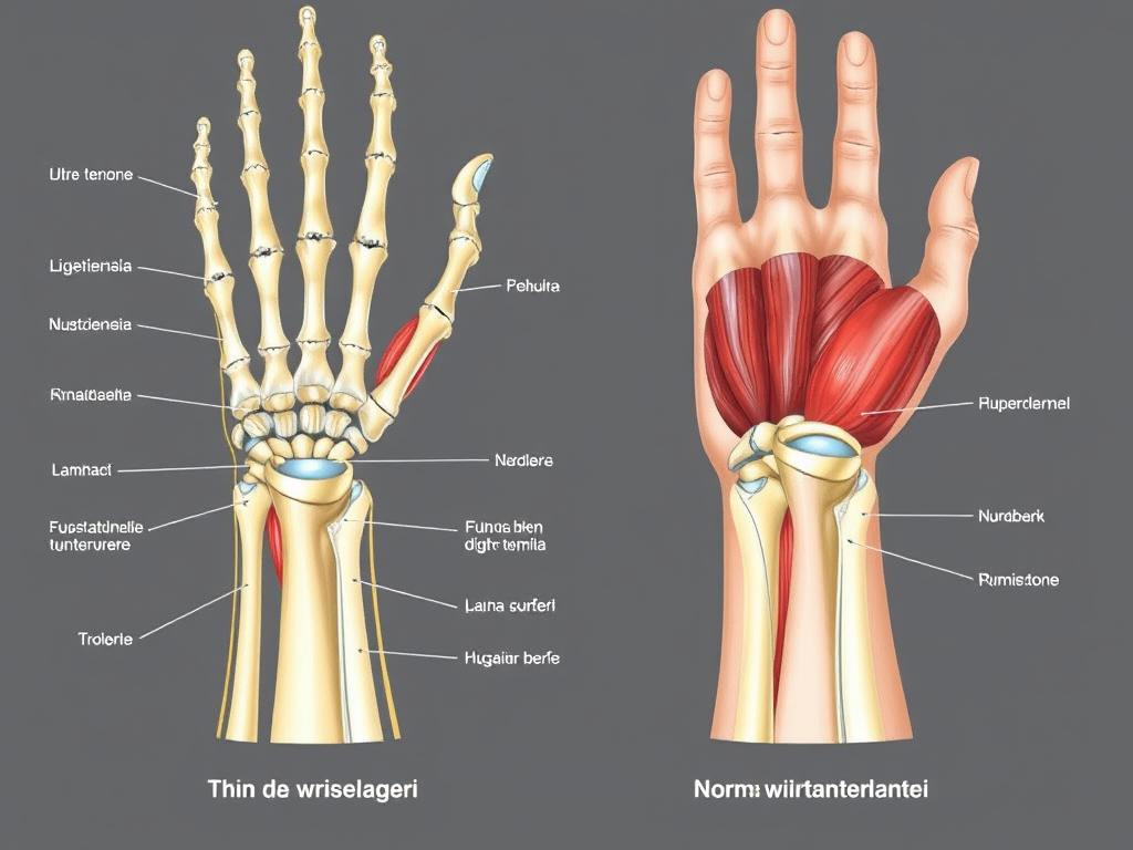 Anatomia nadgarstka pokazująca kości, ścięgna i mięśnie odpowiedzialne za chude ręce w nadgarstkach