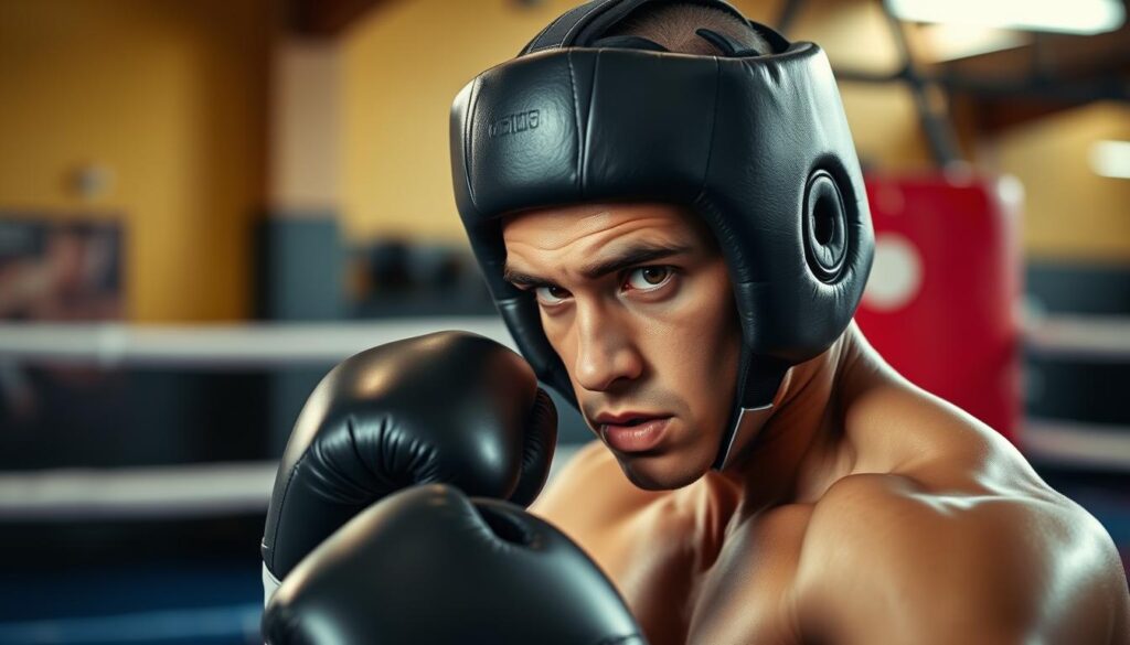 Bokser w kasku ochronnym podczas treningu Bokser w kasku ochronnym podczas treningu