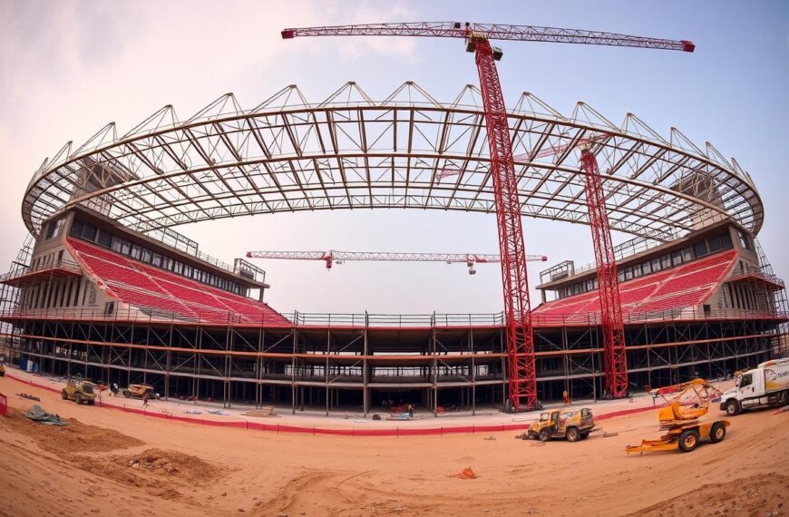 Budowa stadionu w Katarze z widocznymi rusztowaniami i pracownikami