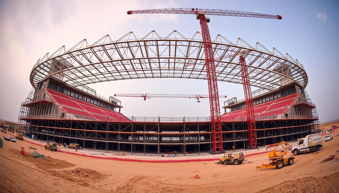Budowa stadionu w Katarze z widocznymi rusztowaniami i pracownikami