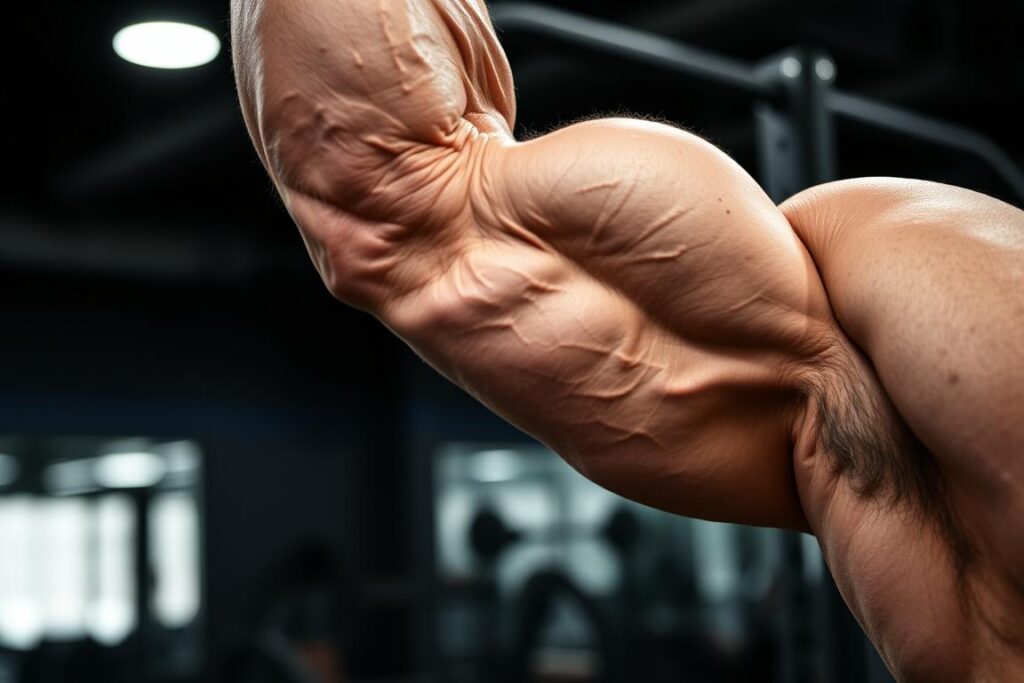 Chris Bumstead wymiary ramion podczas treningu - zbliżenie na biceps