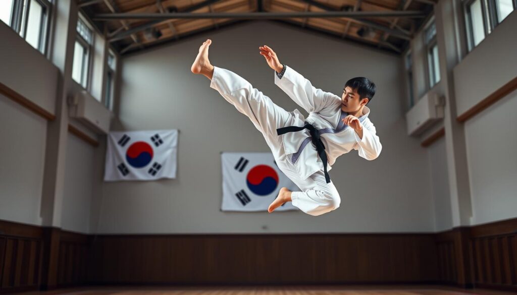 Dynamiczne kopnięcie w taekwondo - osoba w dobok wykonująca wysokie kopnięcie