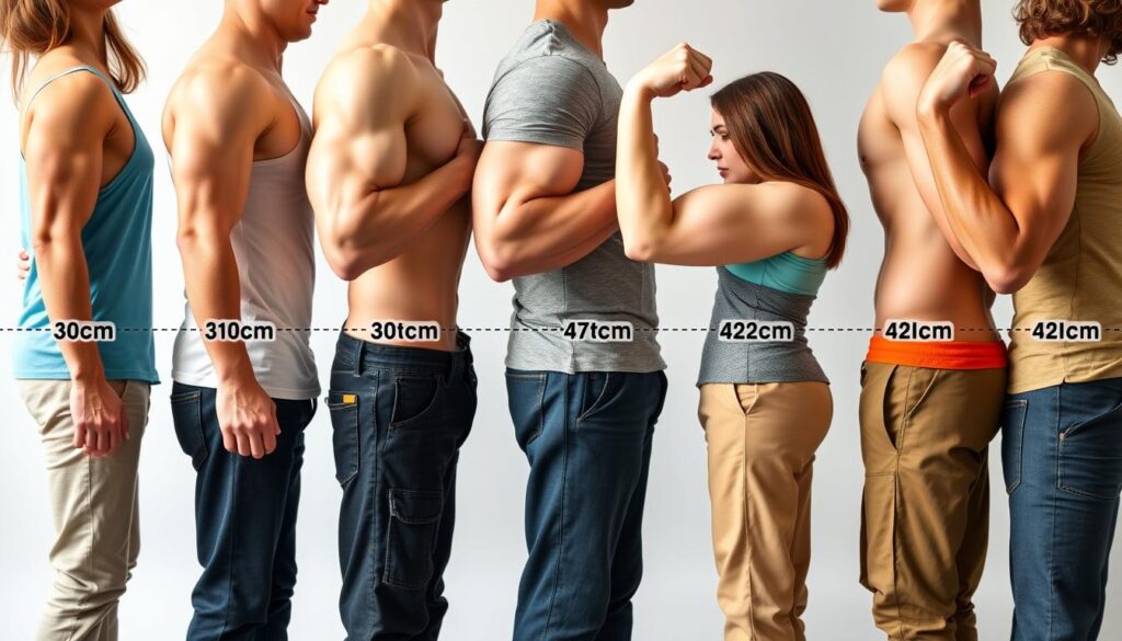 Grupa osób o różnych wymiarach bicepsa (od 30 do 42 cm) stojących obok siebie dla porównania