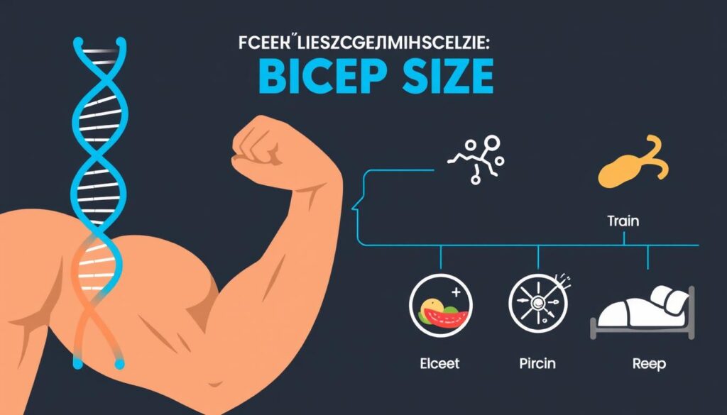 Infografika pokazująca główne czynniki wpływające na rozwój bicepsa, w tym genetykę, trening i dietę
