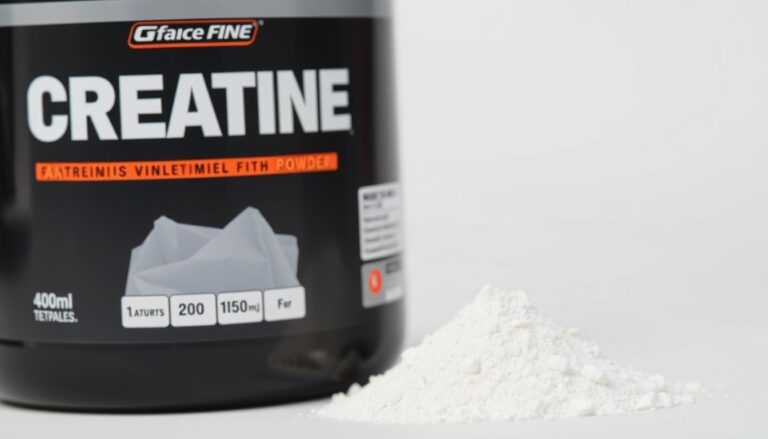 Kreatyna w postaci białego proszku obok pojemnika z suplementem kreatyny
