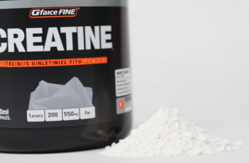 Kreatyna w postaci białego proszku obok pojemnika z suplementem kreatyny