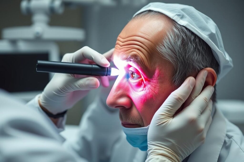 Lekarz badający poważny przypadek podbitego oka Lekarz badający poważny przypadek podbitego oka