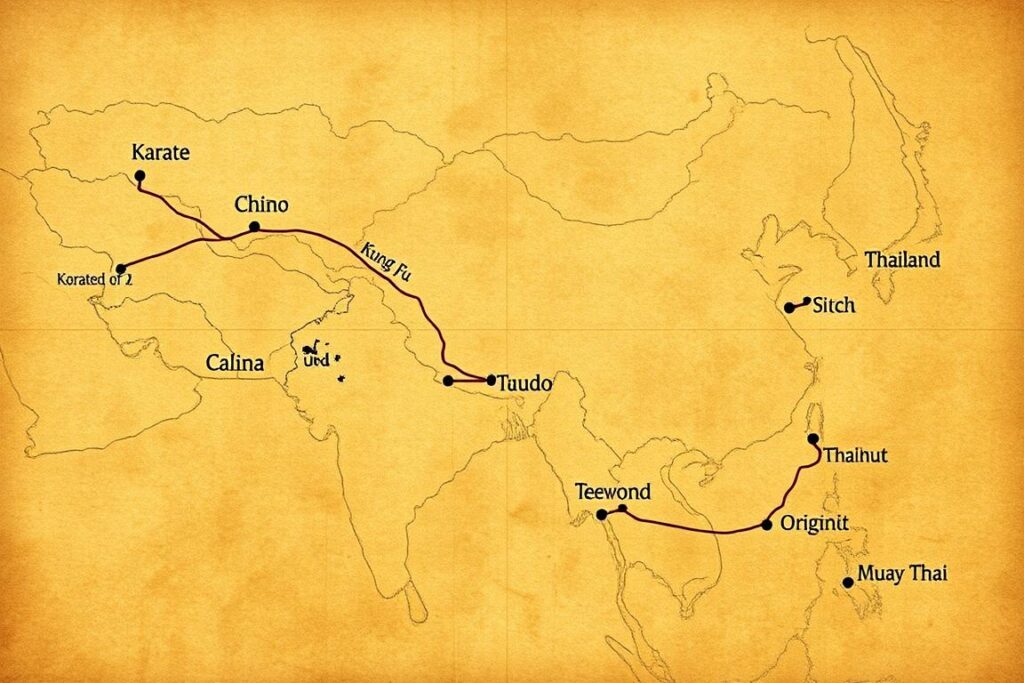 Mapa Azji pokazująca pochodzenie różnych wschodnich sztuk walki, takich jak karate, judo, taekwondo i kung fu