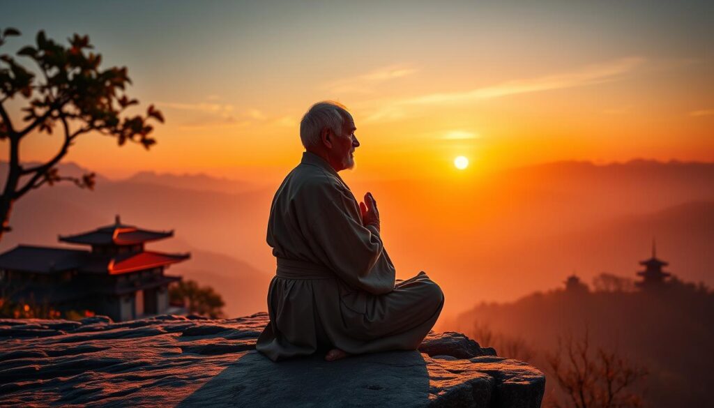 Medytujący mistrz wschodnich sztuk walki na tle zachodzącego słońca