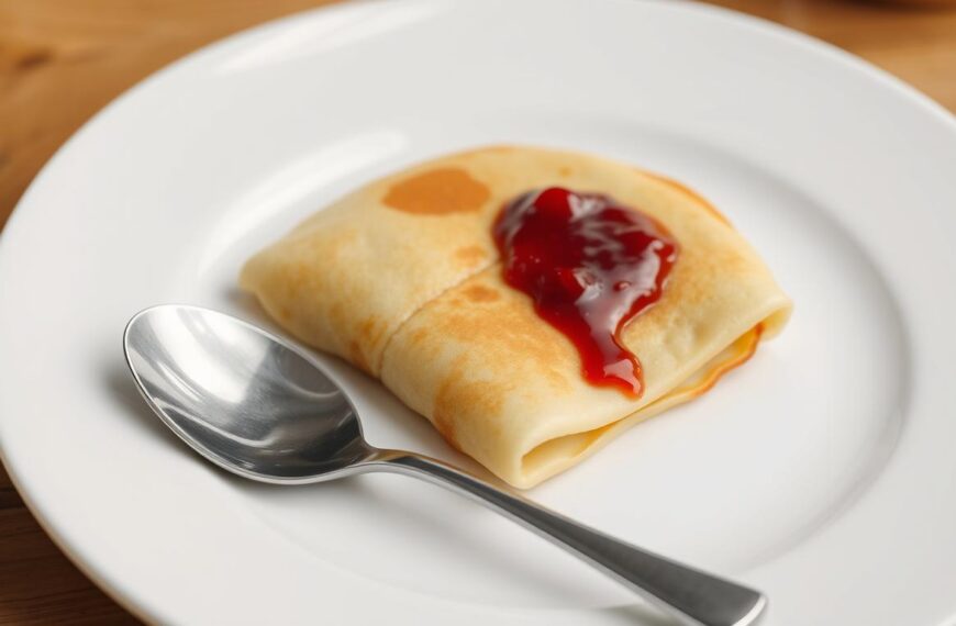 Naleśnik z dżemem na talerzu z widoczną porcją o standardowej wielkości, ile kalorii mają naleśniki z dżemem