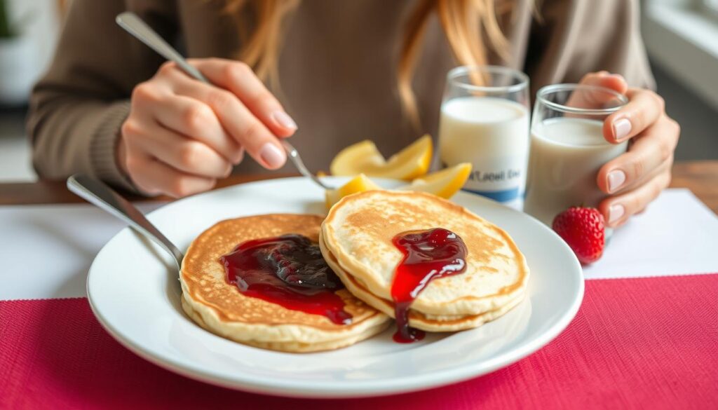 Osoba jedząca naleśniki z dżemem jako część zbilansowanego posiłku, ile kalorii mają naleśniki z dżemem