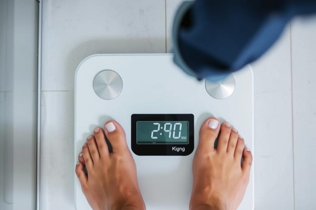 Osoba ważąca się na wadze z oznaczeniami lbs - praktyczny przykład jednostki wagi lbs