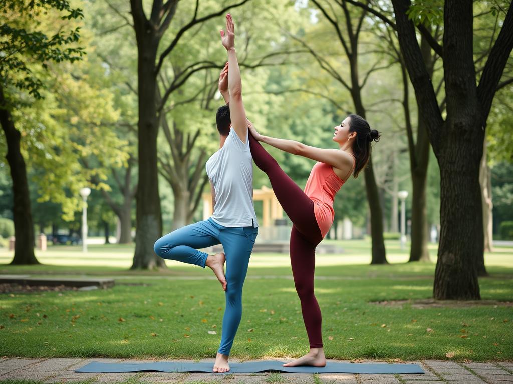 Para wykonująca yoga challenge 2 osoby - ćwiczenie równowagi