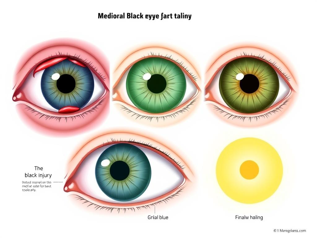 Podbite oko w różnych fazach gojenia - od fioletowego do żółtego
