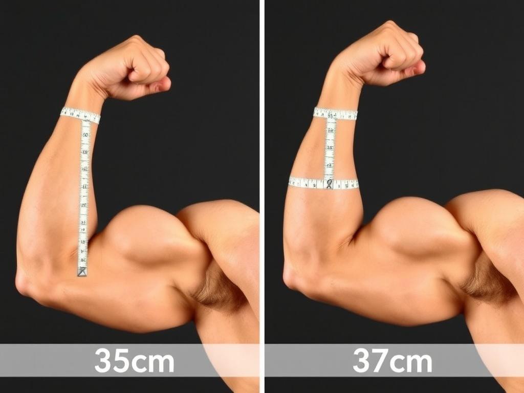 Porównanie bicepsów o wymiarach 35 cm i 37 cm, pokazujące różnicę w rozwoju mięśniowym