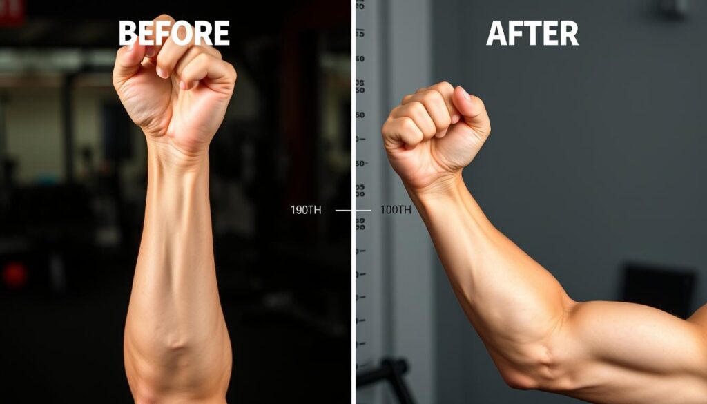 Progres wzmacniania nadgarstków - przed i po regularnych ćwiczeniach pokazujący efekty pracy nad chudymi rękami w nadgarstkach