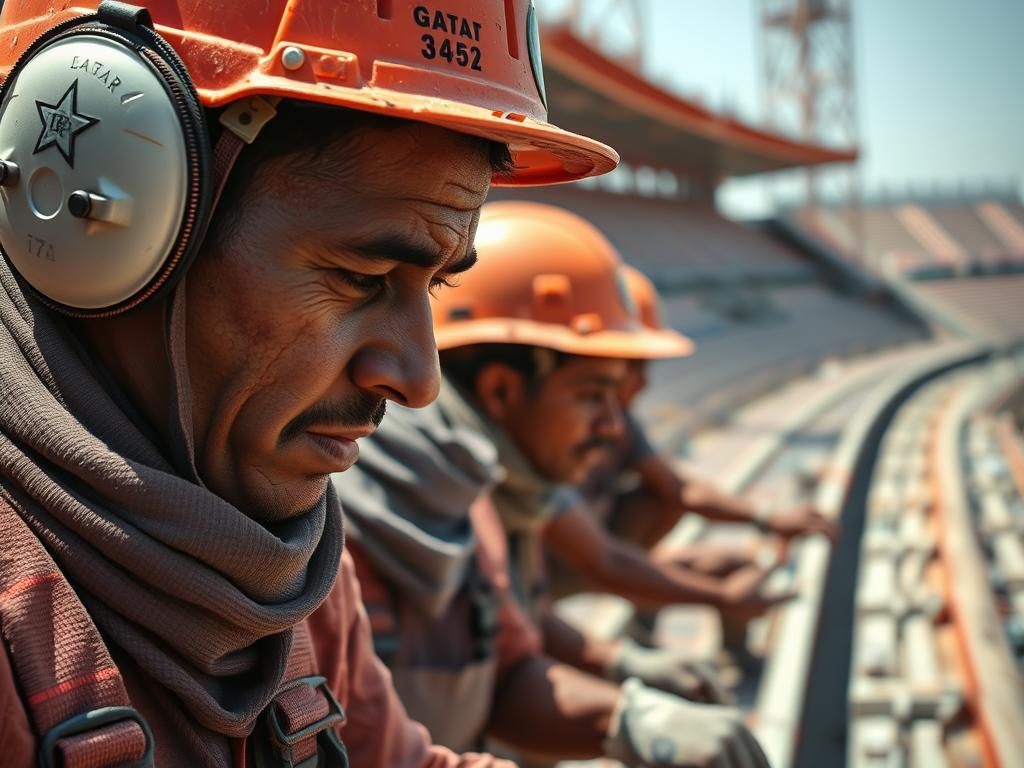 Robotnicy pracujący w ekstremalnych warunkach pogodowych przy budowie stadionu w Katarze Robotnicy pracujący w ekstremalnych warunkach pogodowych przy budowie stadionu w Katarze