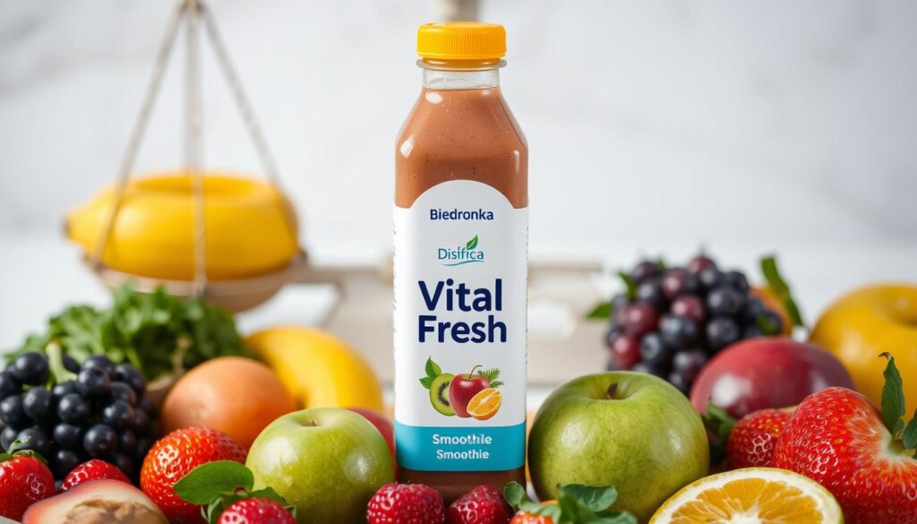 Smoothie Vital Fresh z Biedronki na tle świeżych owoców