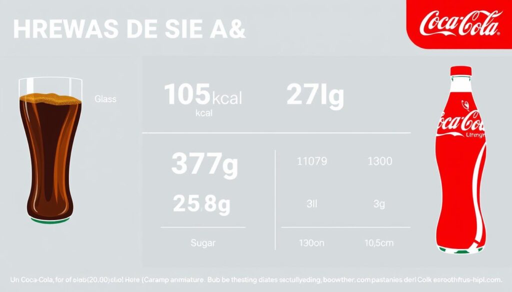 Szklanka coli kcal - infografika podsumowująca najważniejsze informacje o kaloryczności i zawartości cukru w szklance Coca-Coli