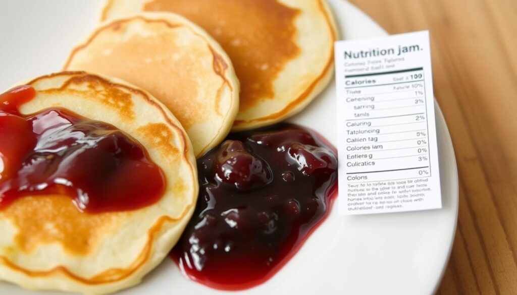 Talerz z naleśnikami z dżemem z widoczną informacją o kaloryczności, ile kalorii mają naleśniki z dżemem