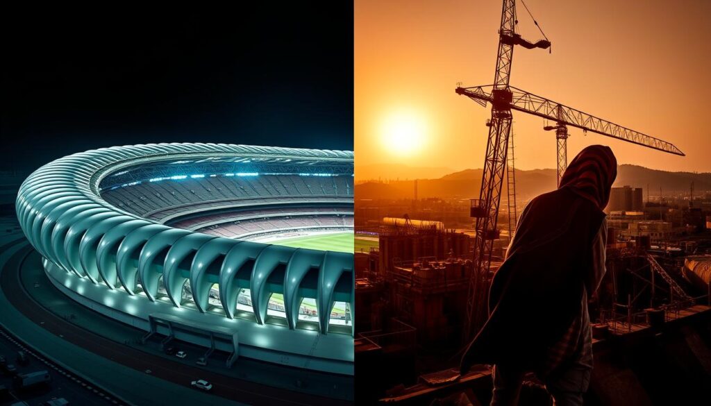 Ukończony stadion w Katarze kontrastujący z warunkami pracy robotników Ukończony stadion w Katarze kontrastujący z warunkami pracy robotników