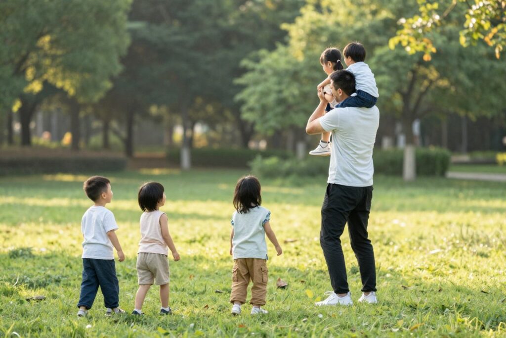 Rodzina spędzająca czas na świeżym powietrzu, symbolizująca życie rodzinne Sebastiana Parfjanowicza