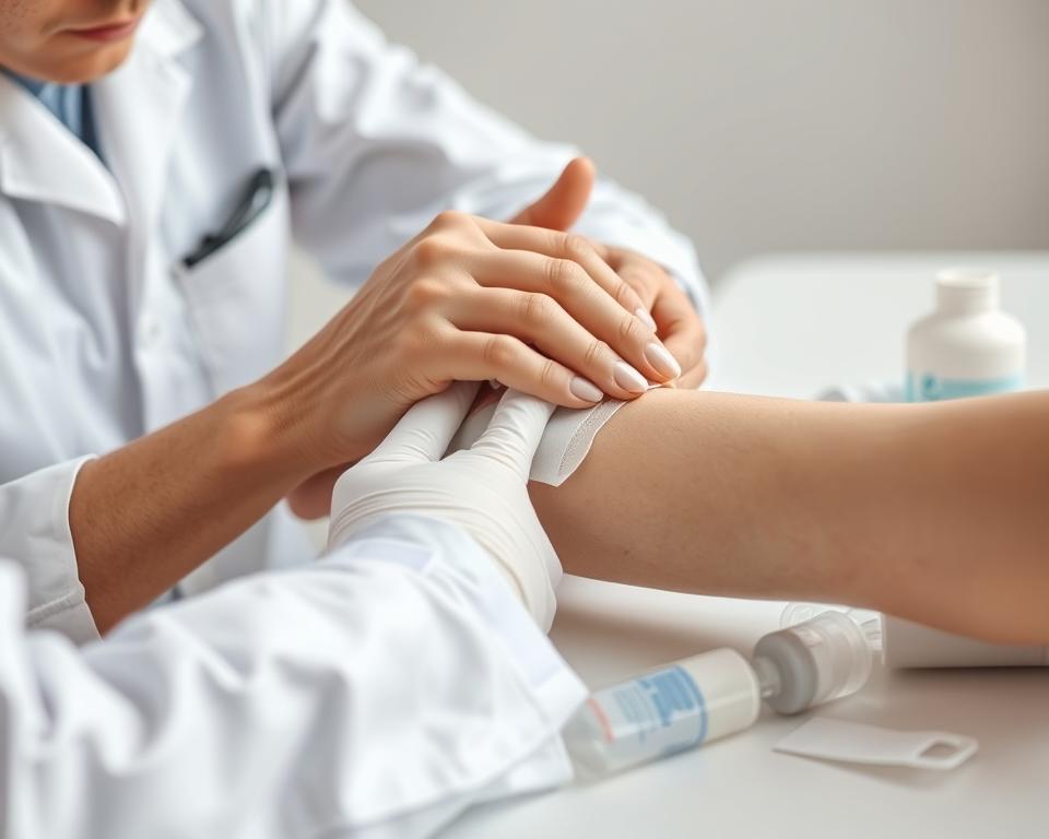 A close-up view of a caring healthcare professional gently examining a healing wound on a patient’s arm, showcasing a detailed treatment process. The foreground features the professional in a white lab coat, wearing gloves, with focused expression. The middle layer depicts the wound being dressed, highlighting antiseptic cream and a clean bandage, emphasizing proper wound care techniques. The background includes soft, diffused lighting to create a calming atmosphere, with medical supplies neatly arranged on a sterile table. An ergonomic aesthetic surrounds the scene, suggesting a clean, safe environment. The mood conveys compassion and attentiveness, illustrating the importance of wound care and skin healing.