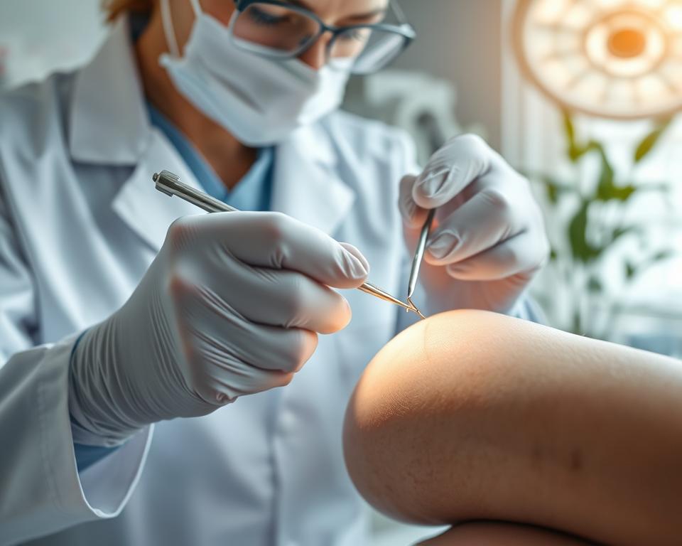 A close-up view of a professional healthcare worker in a sterile environment, attentively demonstrating safe methods for removing a scab from a patient's skin. The worker, dressed in a neat lab coat and gloves, uses specialized tools with care, highlighting the importance of hygiene and gentle handling. In the background, soft lighting creates a calm and reassuring atmosphere, with medical equipment and botanical elements subtly visible to emphasize a healing environment. The composition focuses on the interaction between the healthcare worker and the patient’s skin, capturing the delicate texture and healing process. The image should convey professionalism, safety, and compassion, ensuring the viewer understands the gravity of safe wound management.