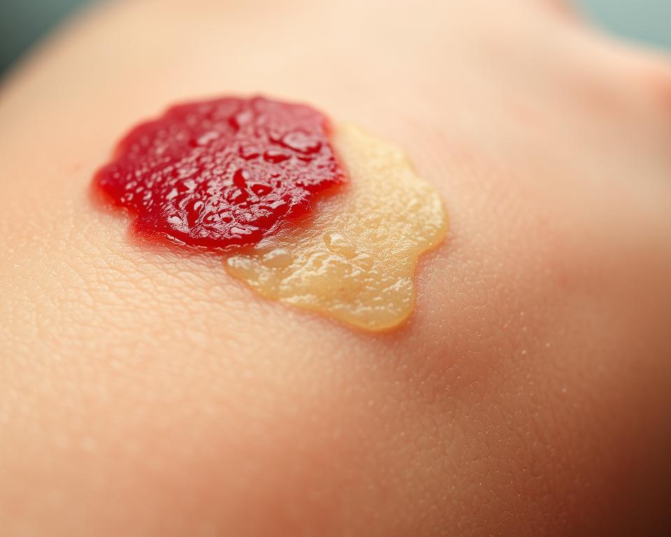 A detailed close-up image of a healing scab on human skin, showcasing various colors and textures, illustrating the transition from dark red to light brown and yellowish tones. The foreground should emphasize the intricate details of the scab, with variations in color indicating healing progress. In the middle ground, slightly blurred skin surrounding the scab can be seen, hinting at inflammation. The background should be soft and out of focus, suggesting a neutral medical setting with gentle, diffused lighting to highlight the textures without harsh shadows. The atmosphere should be clinical yet informative, providing a sense of scientific observation. Shot with a macro lens at a slight angle to capture depth and dimensionality.