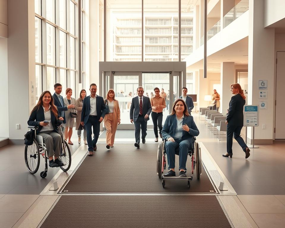 A modern architectural space illustrating the removal of barriers, featuring a wide, accessible ramp leading up to an entrance with automatic doors. In the foreground, a diverse group of individuals in professional attire, including a wheelchair user, a person with a cane, and someone guiding them, express positivity and determination. The scene is well-lit, showcasing large windows that invite natural light, enhancing the welcoming atmosphere. The midground highlights clear signage for accessibility features and adjustable furniture, while the background features a bustling open area with a smooth floor and ample space for movement. The overall mood conveys empowerment and inclusivity, using a warm color palette to create a sense of safety and community.