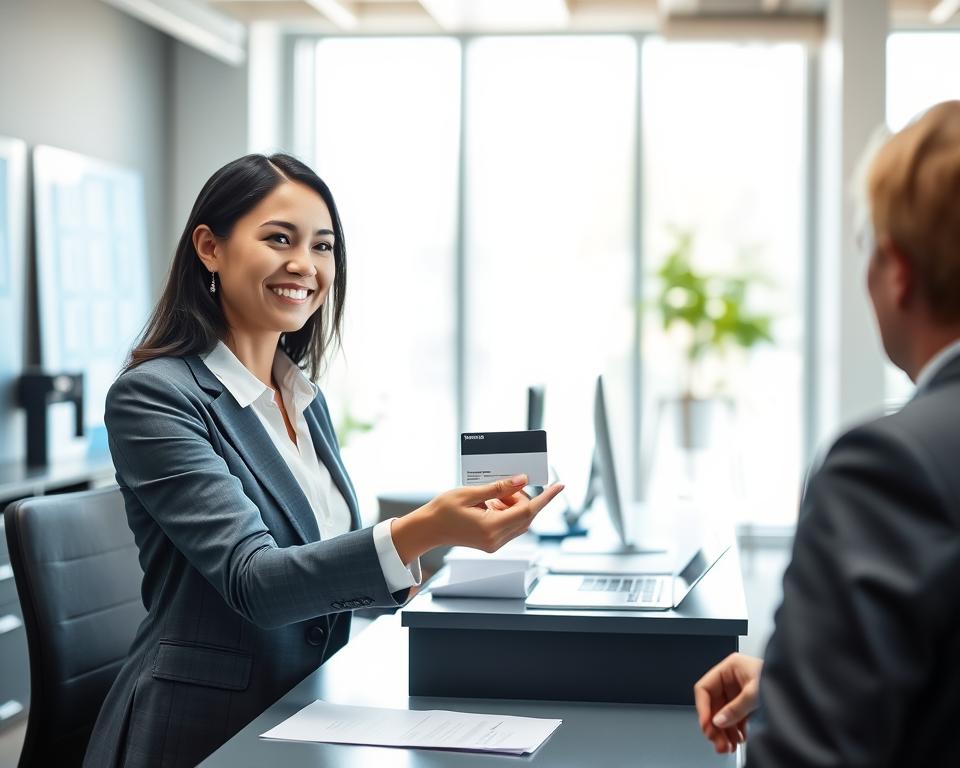 A professional office setting showcasing the issuance of a parking card for institutions. In the foreground, a female office worker in business attire smiles while handing over a sleek, modern parking card to a client at a reception desk. The middle section features a clutter-free office environment with neatly arranged paperwork and a computer displaying relevant information. In the background, a large window lets in soft, natural light, illuminating the scene and creating a warm, welcoming atmosphere. The focus is on the interaction, capturing a sense of professionalism and attention to detail, while ensuring everything appears organized and efficient. The color palette is composed of calming blues and whites, evoking trust and reliability.