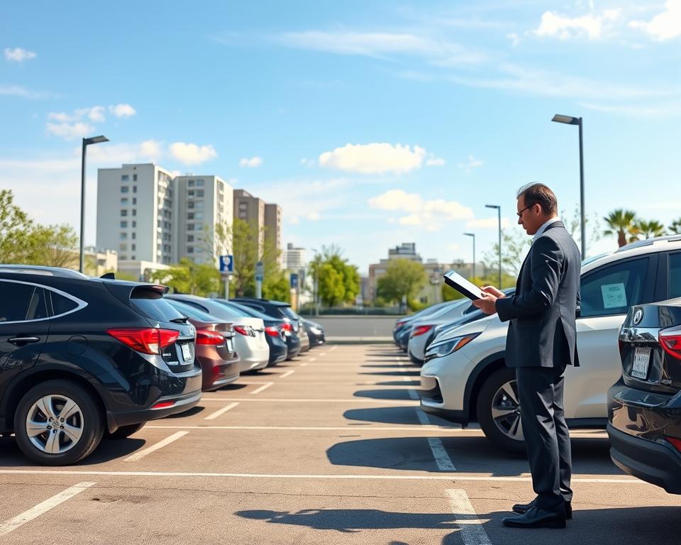 A serene urban parking scene demonstrating practical tips and common problems related to parking cards. The foreground features a well-maintained parking lot with parked vehicles, each displaying visible parking permits. In the middle ground, a professional individual dressed in business attire is reviewing parking guidelines on a tablet. In the background, a clear blue sky with soft clouds adds a tranquil atmosphere. The lighting is natural, suggesting a sunny day, casting soft shadows for depth. A focus on details like clearly marked parking spots and signs enhances the context. The mood is informative and supportive, inviting viewers to understand effective parking card usage.