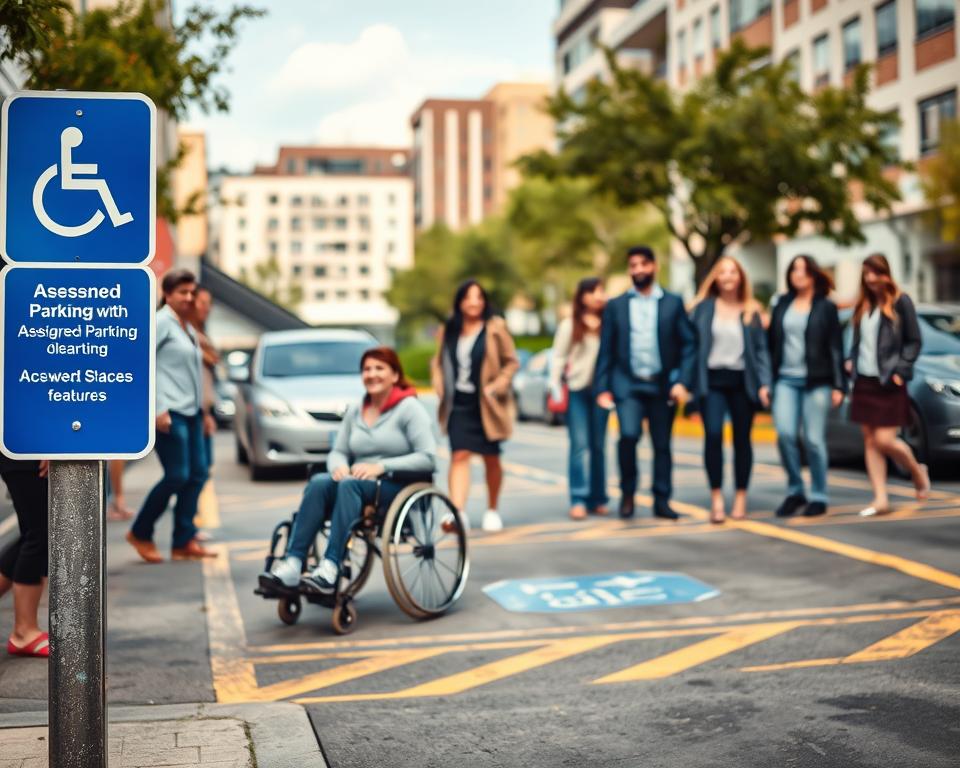 A visually engaging depiction of a parking space designated for disabled individuals, prominently featuring a blue parking sign with a white wheelchair icon. In the foreground, a diverse group of individuals, including a disabled person in a wheelchair, showcasing joy and accessibility, dressed in smart casual clothing. In the middle ground, a clear view of several assigned parking spots, with some filled and others vacant, emphasizing spatial organization and accessibility features like wider spaces. The background illustrates a modern urban environment, with buildings and trees, suggesting a community-friendly atmosphere. The image should be well-lit, capturing a bright and welcoming mood, with a focus on inclusivity and support within public spaces. Shot from a slightly elevated angle for depth.