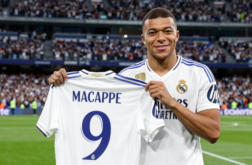 Kylian Mbappe w koszulce Realu Madryt trzymający koszulkę z numerem 9 podczas oficjalnej prezentacji