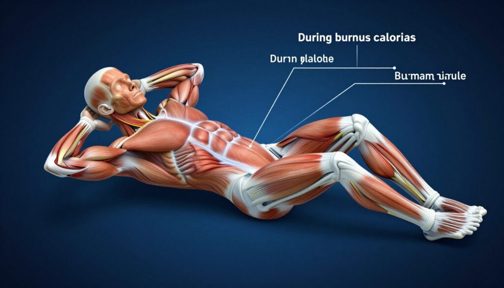 Wizualizacja procesu metabolicznego podczas wykonywania brzuszków, pokazująca jak organizm spala kalorie