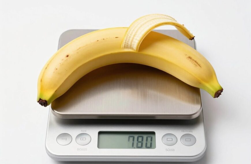 Banan bez skórki na wadze kuchennej pokazującej ile kcal ma banan bez skórki
