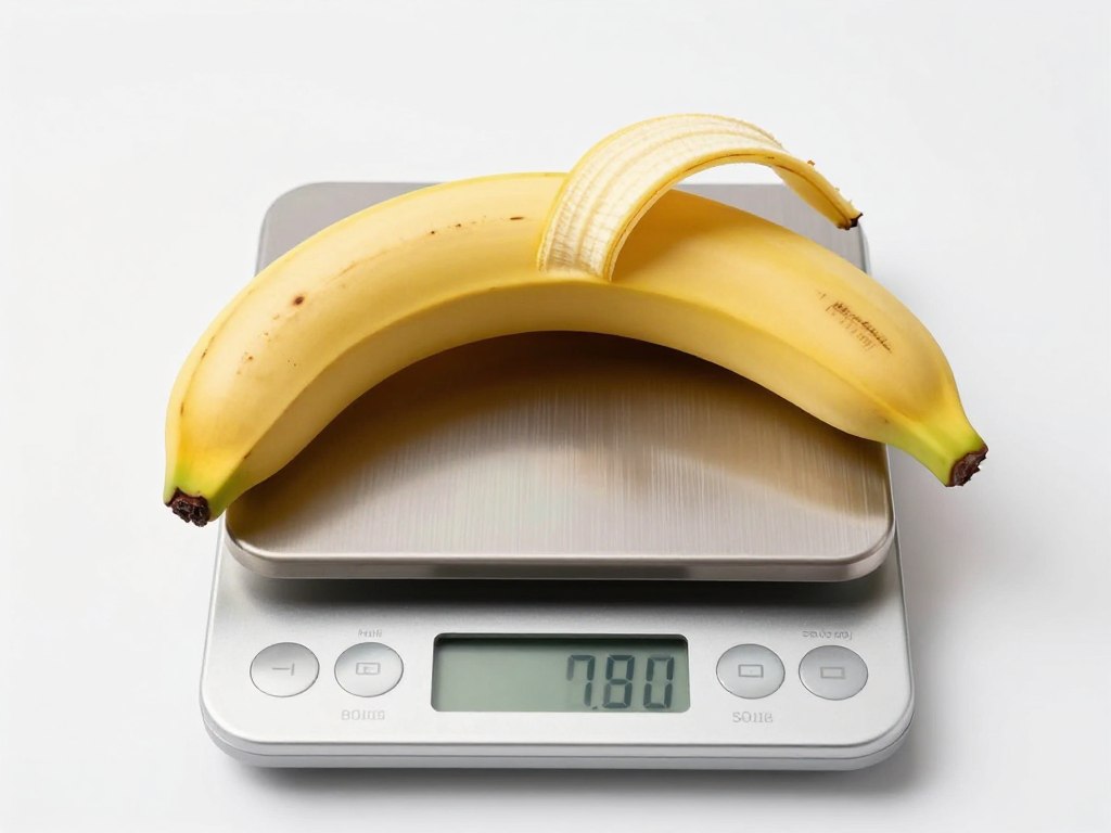 Banan bez skórki na wadze kuchennej pokazującej ile kcal ma banan bez skórki