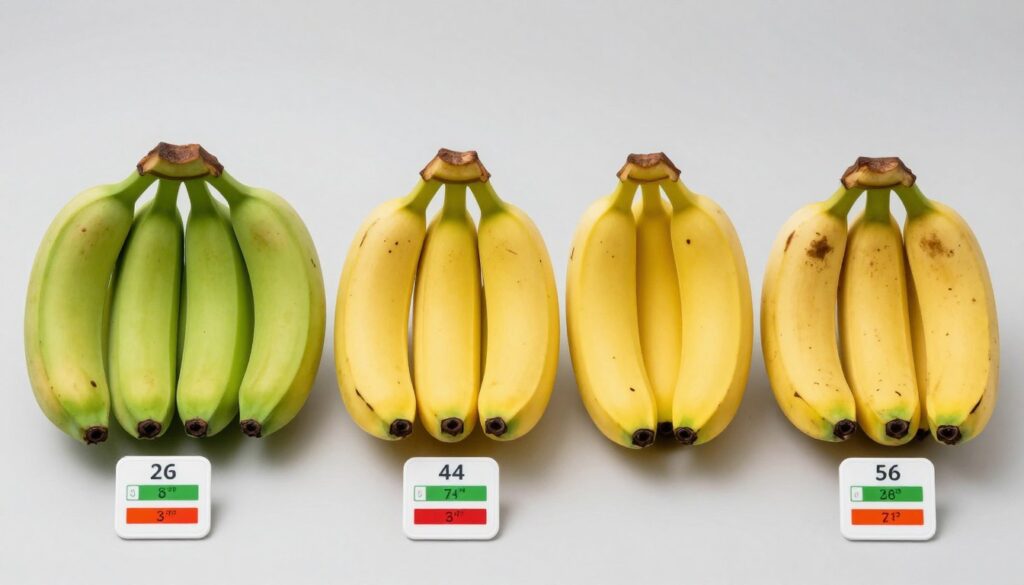 Banany w różnych stadiach dojrzałości pokazujące różnice w zawartości kalorii i indeksie glikemicznym