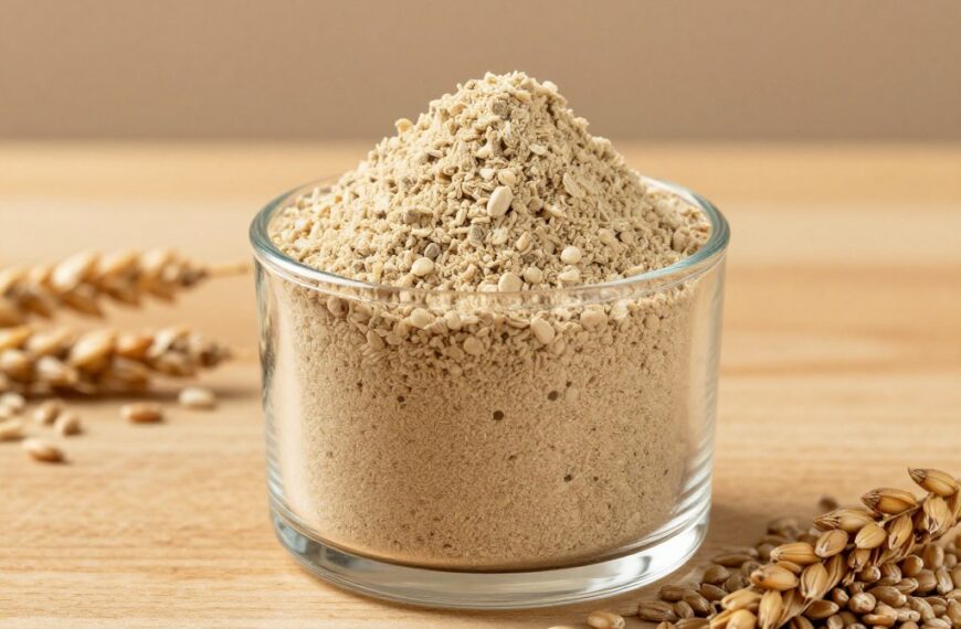 Ekstrakt słodowy w proszku w szklanym pojemniku obok ziaren jęczmienia