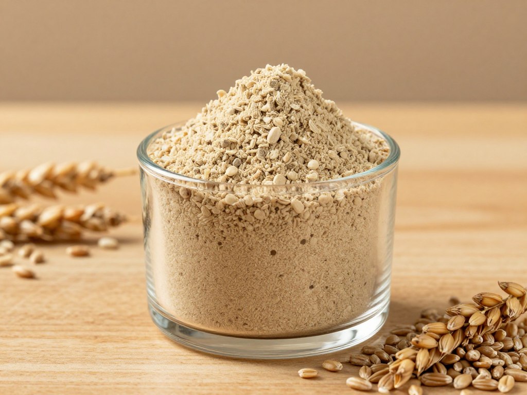 Ekstrakt słodowy w proszku w szklanym pojemniku obok ziaren jęczmienia