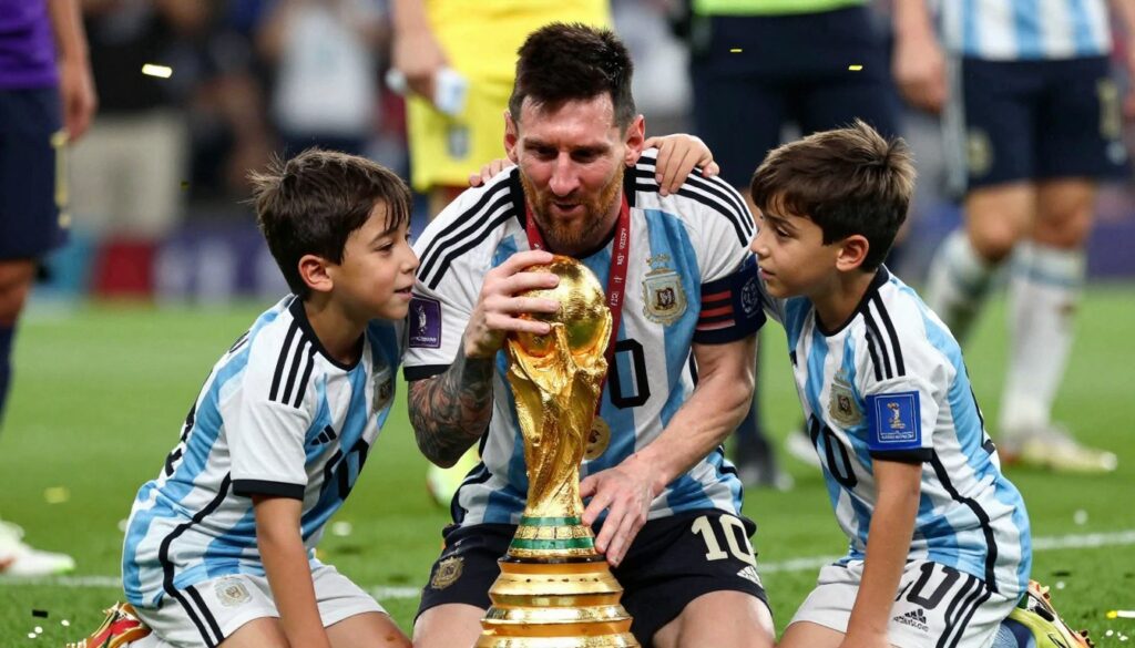 Lionel Messi świętujący zwycięstwo z dziećmi na boisku