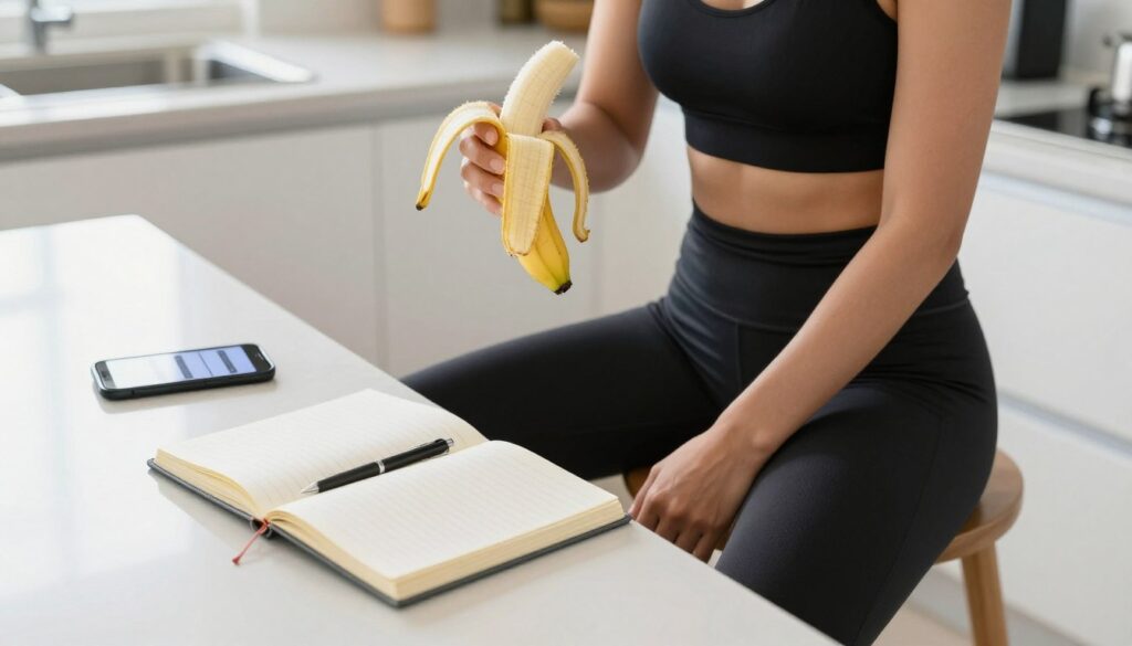 Osoba na diecie spożywająca banana jako zdrową przekąskę, pokazując ile kcal ma banan bez skórki