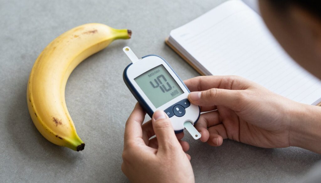 Osoba z cukrzycą mierząca poziom cukru we krwi po spożyciu banana, pokazując wpływ ile kcal ma banan bez skórki na glikemię