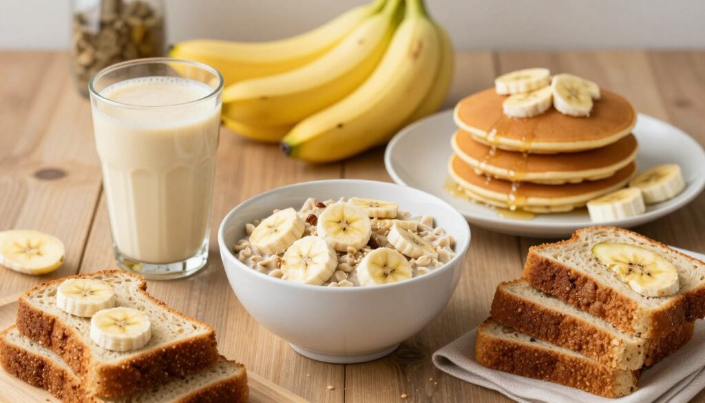 Różne potrawy z bananem jako składnikiem, pokazujące wszechstronność banana w kuchni