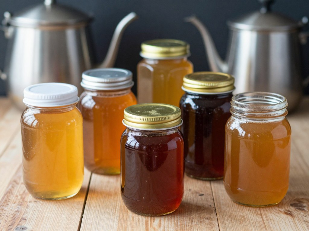 Różne rodzaje miodu w szklanych słoikach jako zamienniki ekstraktu słodowego