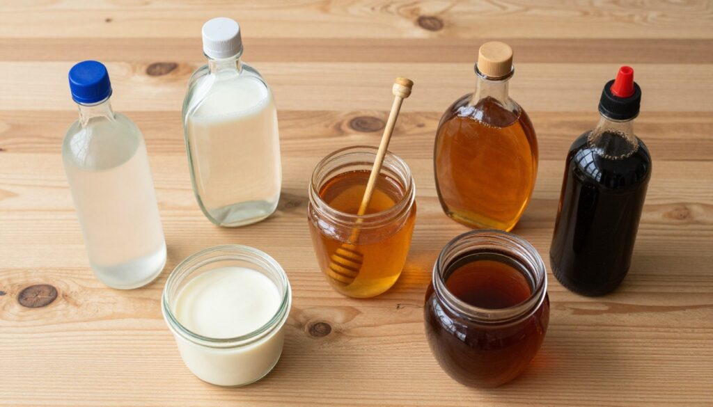 Różne zamienniki ekstraktu słodowego w proszku ułożone na drewnianym stole