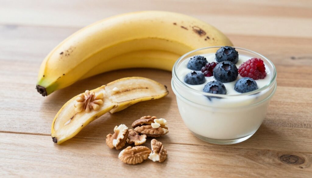 Zbilansowany posiłek z bananem jako składnikiem, podkreślający wartość odżywczą banana bez skórki