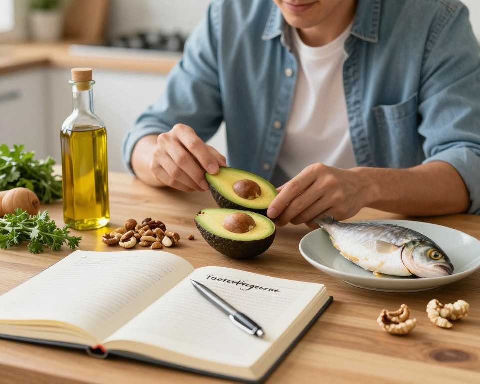 A balanced meal featuring healthy fats on a wooden table, prominently displaying avocado, nuts, olive oil, and fatty fish. In the foreground, an open notebook with nutritional notes and a pen, suggesting research on diet and testosterone. The middle ground shows a man in a neat casual outfit, thoughtfully analyzing the food, symbolizing the impact of diet on testosterone levels. The background includes a kitchen setting with warm, soft lighting, fresh herbs, and a few vegetables, creating a wholesome and inviting atmosphere. The composition conveys a sense of balance and healthfulness, highlighting the importance of fats in a man's diet. The image should have a bright, natural palette, enhancing the uplifting mood. A balanced meal featuring healthy fats on a wooden table, prominently displaying avocado, nuts, olive oil, and fatty fish. In the foreground, an open notebook with nutritional notes and a pen, suggesting research on diet and testosterone. The middle ground shows a man in a neat casual outfit, thoughtfully analyzing the food, symbolizing the impact of diet on testosterone levels. The background includes a kitchen setting with warm, soft lighting, fresh herbs, and a few vegetables, creating a wholesome and inviting atmosphere. The composition conveys a sense of balance and healthfulness, highlighting the importance of fats in a man's diet. The image should have a bright, natural palette, enhancing the uplifting mood.