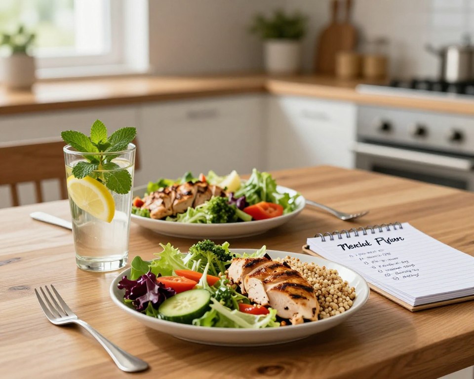 A beautifully arranged table featuring a sample meal plan for intermittent fasting 16/8. In the foreground, display prepared dishes with vibrant and healthy ingredients: a colorful salad with mixed greens, grilled chicken, quinoa, and a variety of vegetables. Include a glass of infused water with lemon and mint. In the middle background, depict a softly lit kitchen setting with a wooden dining table, natural light streaming through a window, highlighting the freshness of the food. A notepad with neatly handwritten meal ideas is placed next to the dishes. The atmosphere is inviting and focused, emphasizing health and wellness, with warm tones and a casual yet professional feel. A beautifully arranged table featuring a sample meal plan for intermittent fasting 16/8. In the foreground, display prepared dishes with vibrant and healthy ingredients: a colorful salad with mixed greens, grilled chicken, quinoa, and a variety of vegetables. Include a glass of infused water with lemon and mint. In the middle background, depict a softly lit kitchen setting with a wooden dining table, natural light streaming through a window, highlighting the freshness of the food. A notepad with neatly handwritten meal ideas is placed next to the dishes. The atmosphere is inviting and focused, emphasizing health and wellness, with warm tones and a casual yet professional feel.