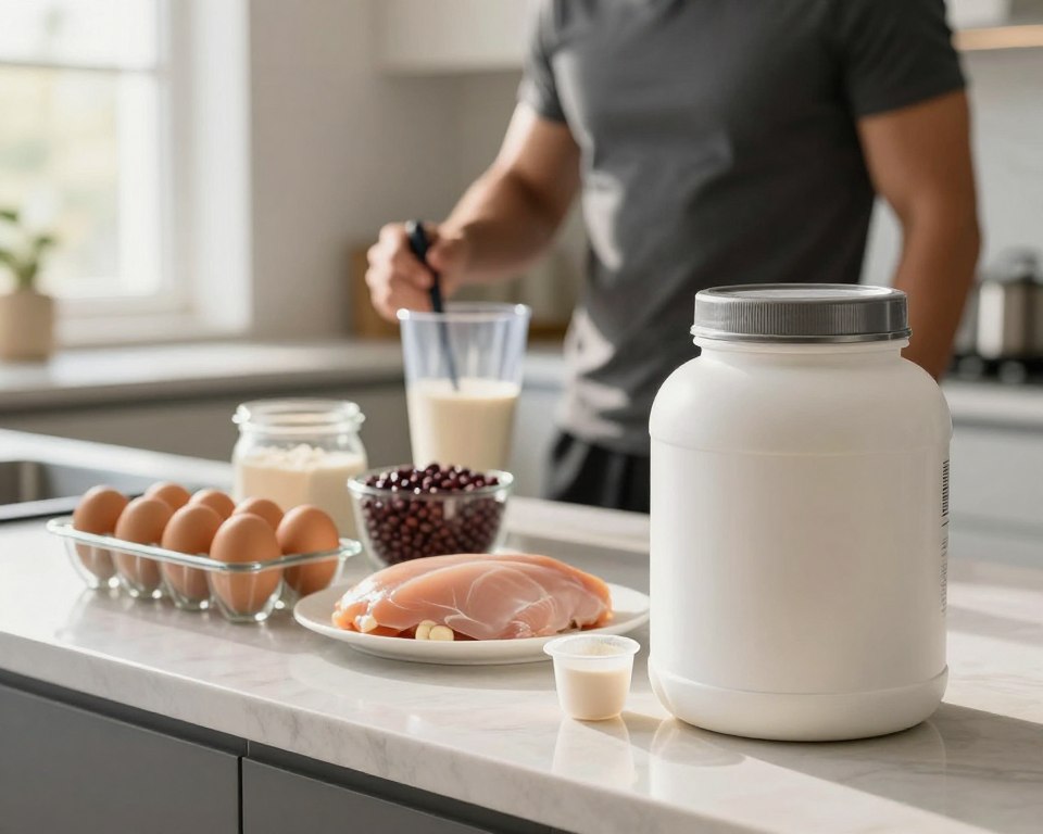 A close-up composition showcasing a modern kitchen counter featuring various protein supplements. In the foreground, a sleek, high-quality protein powder container with a scooping spoon placed beside it, emphasizing its nutritional value. The middle ground includes a neatly organized display of different protein sources: eggs, lean chicken breast, and legumes in glass containers, providing a colorful array of options. The background features a blurred view of a fitness enthusiast in professional athletic attire, preparing a protein shake, positioning the scene within a healthy lifestyle context. Bright, natural lighting filters through a window, casting a warm glow that enhances the inviting atmosphere of the image, focused on the role of protein supplements in a man's diet.